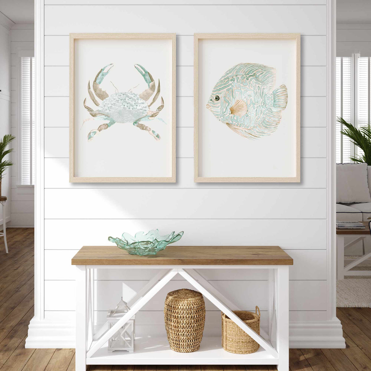 Green Beige Crab &amp; Discus Fish Wall Art - Set of 2 Prints