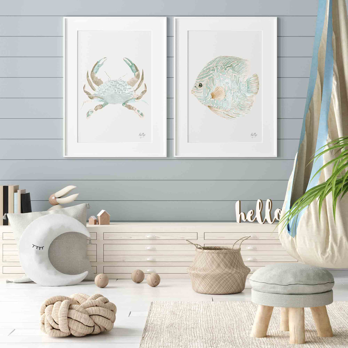 Green Beige Crab &amp; Discus Fish Wall Art - Set of 2 Prints