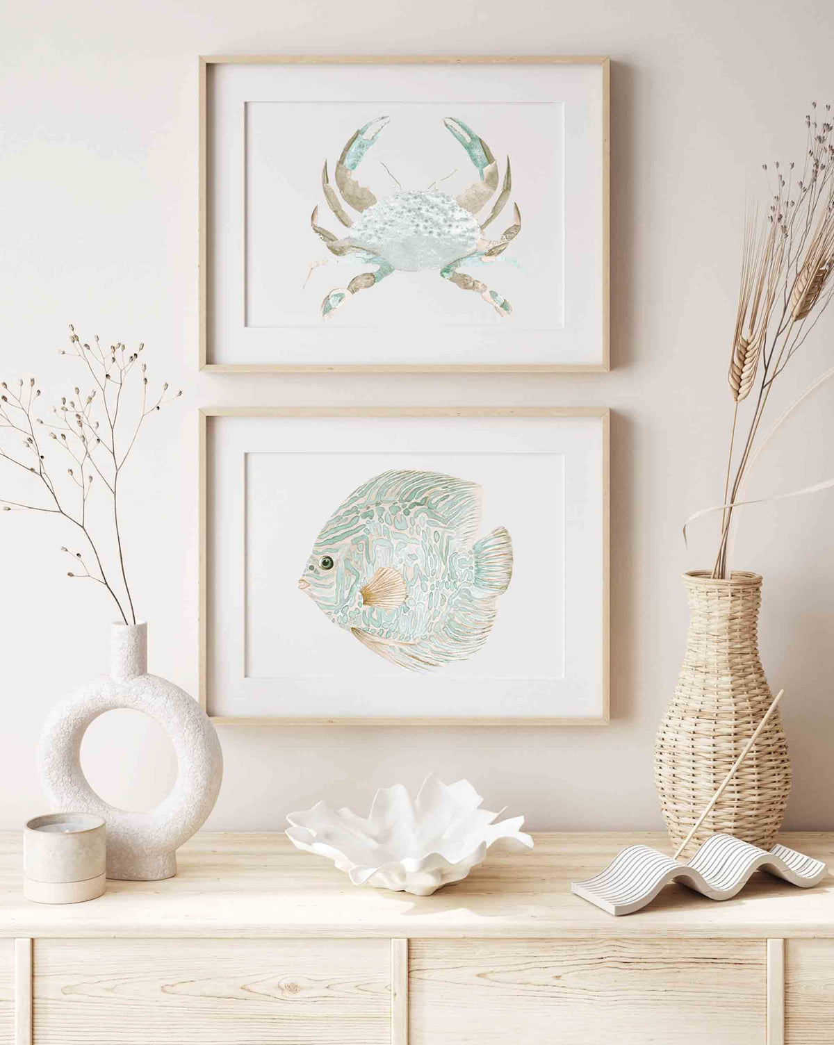 Green Beige Crab &amp; Discus Fish Wall Art - Set of 2 Prints
