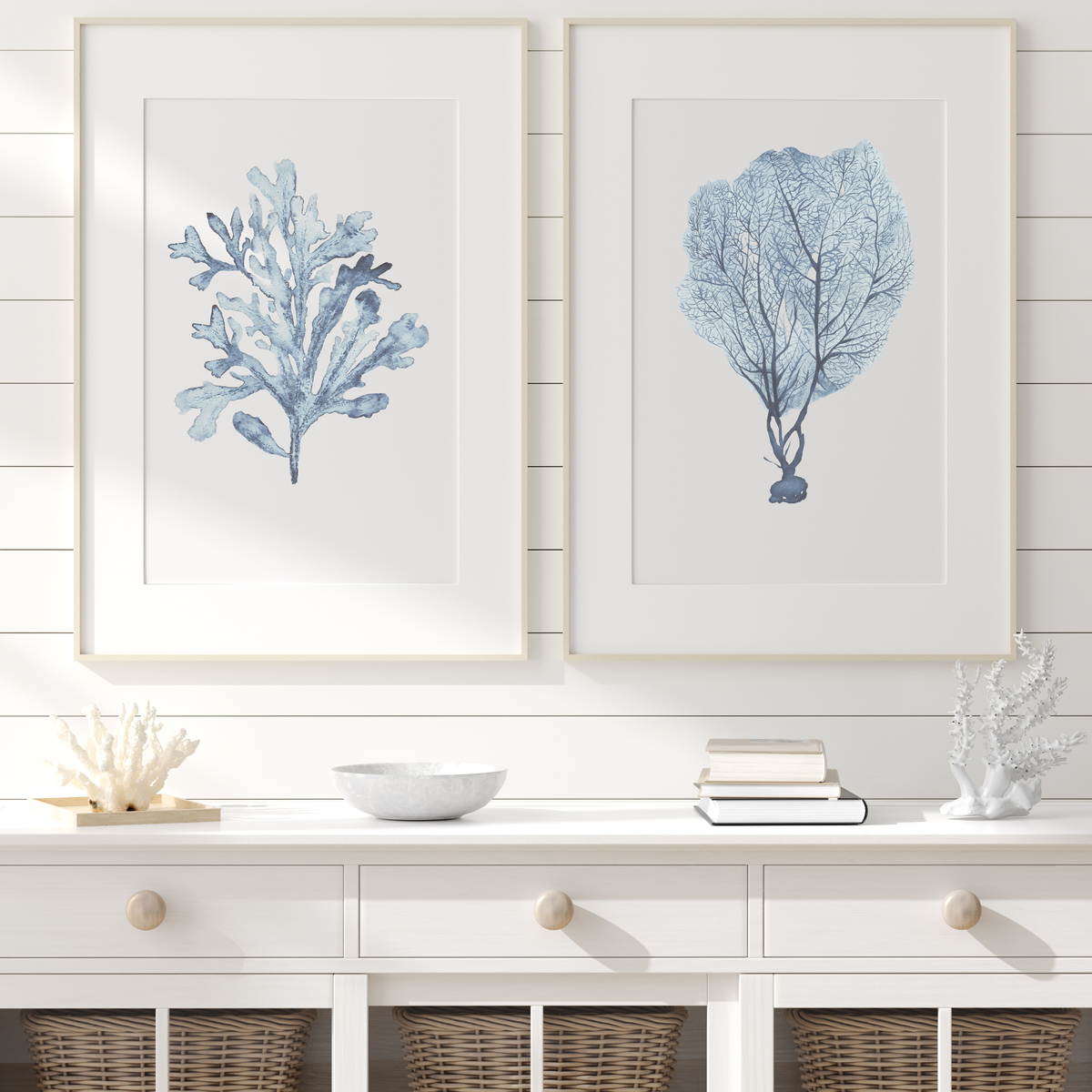 Coastal Wall Art | Muted Blue Coral Seaweed Print Set