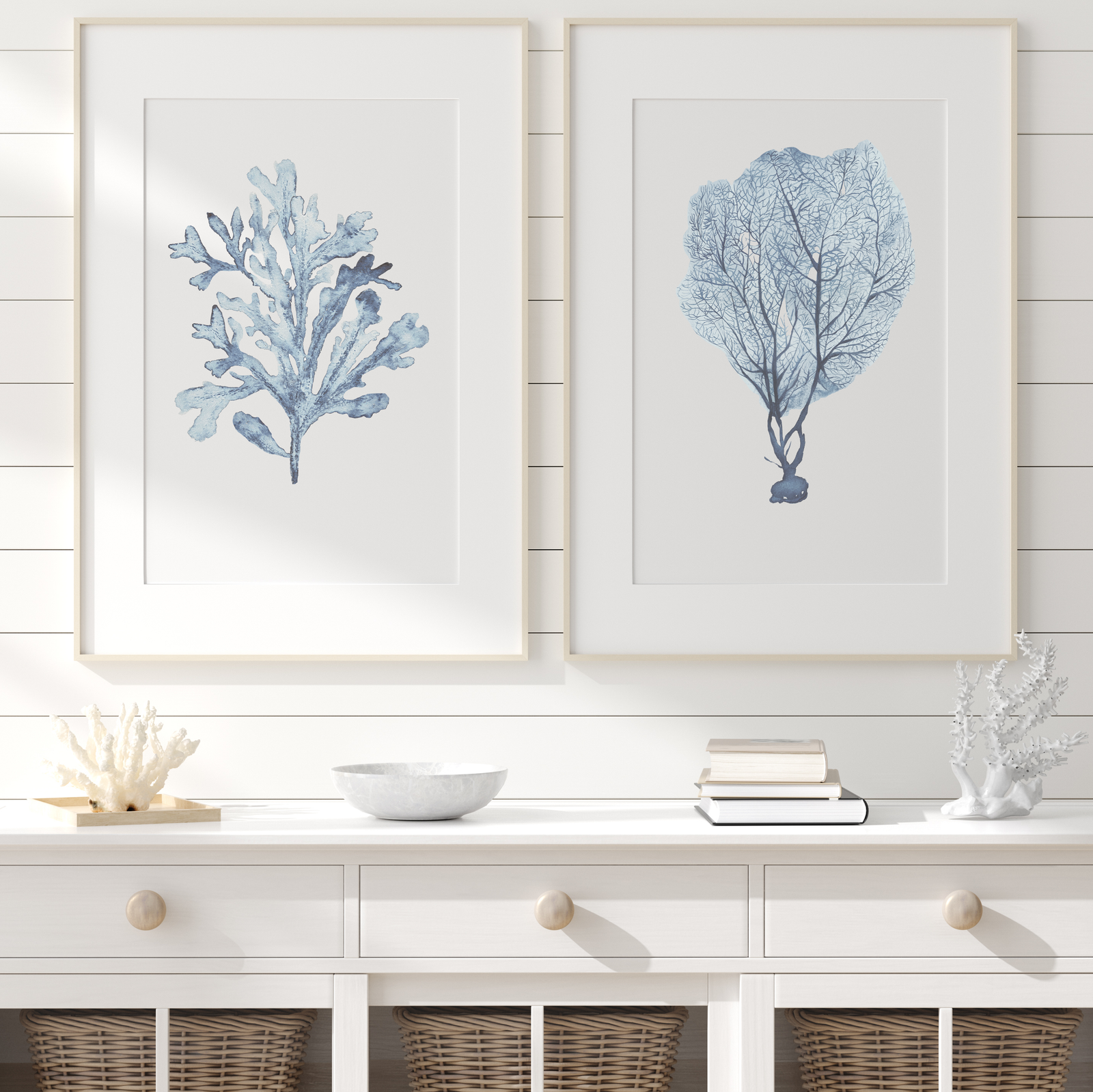 Coastal Wall Art | Muted Blue Coral Seaweed Print Set