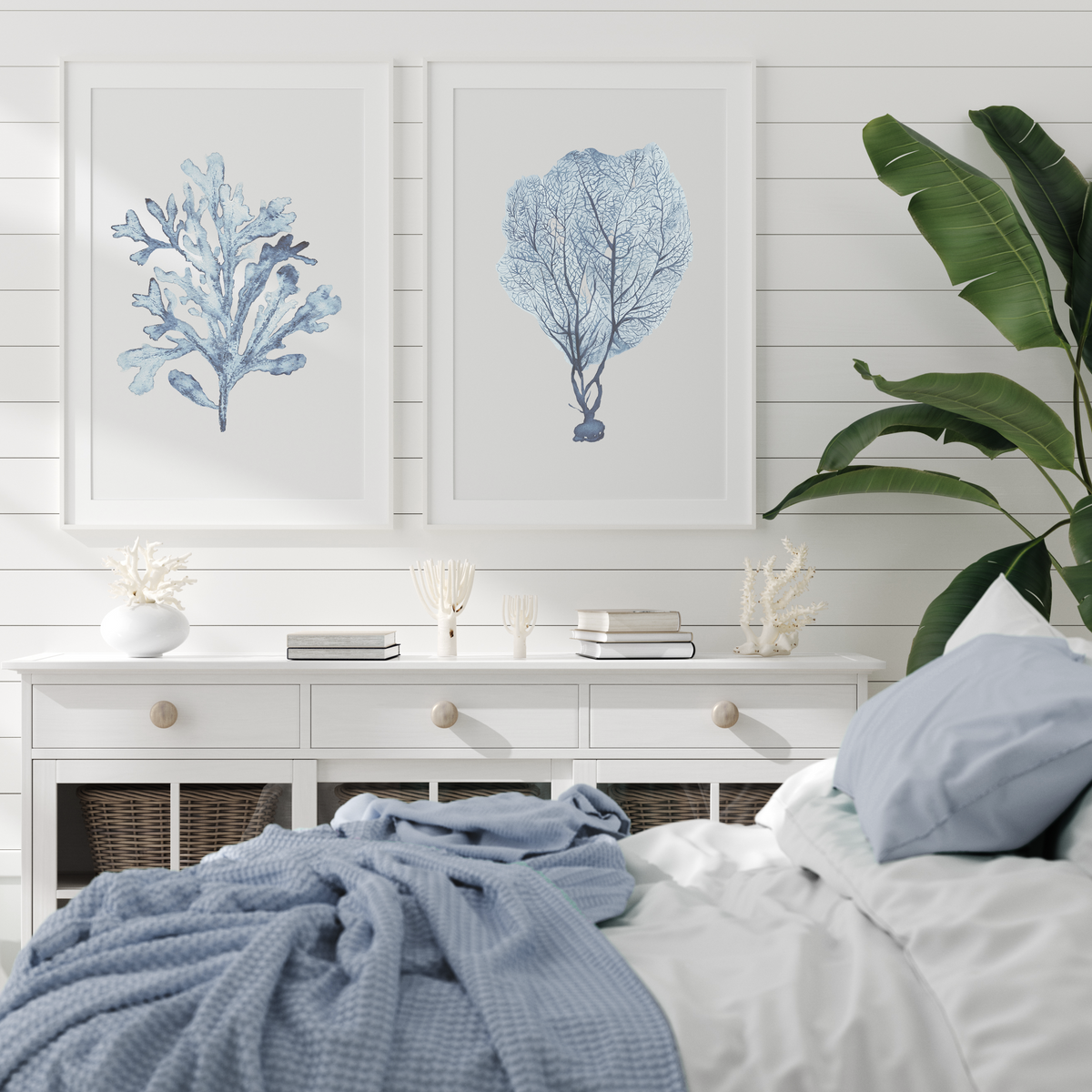 Coastal Wall Art | Muted Blue Coral Seaweed Print Set