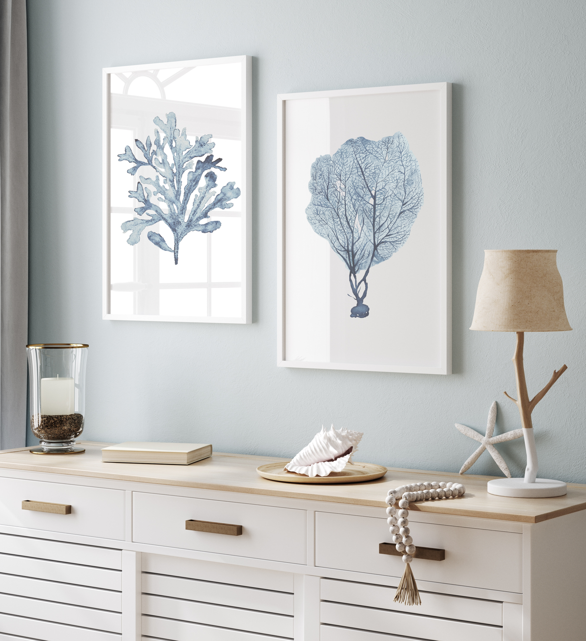 Coastal Wall Art | Muted Blue Coral Seaweed Print Set