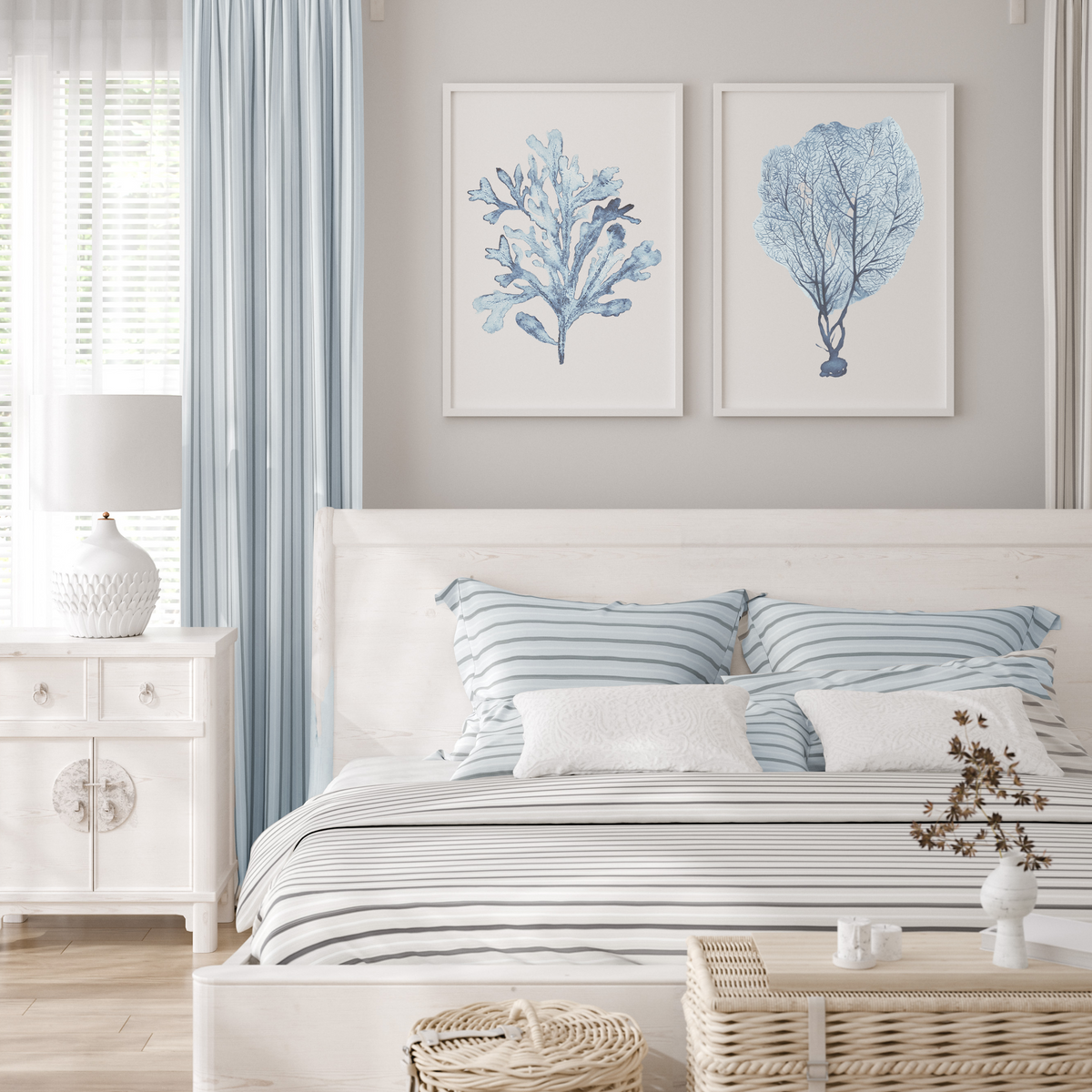 Coastal Wall Art | Muted Blue Coral Seaweed Print Set