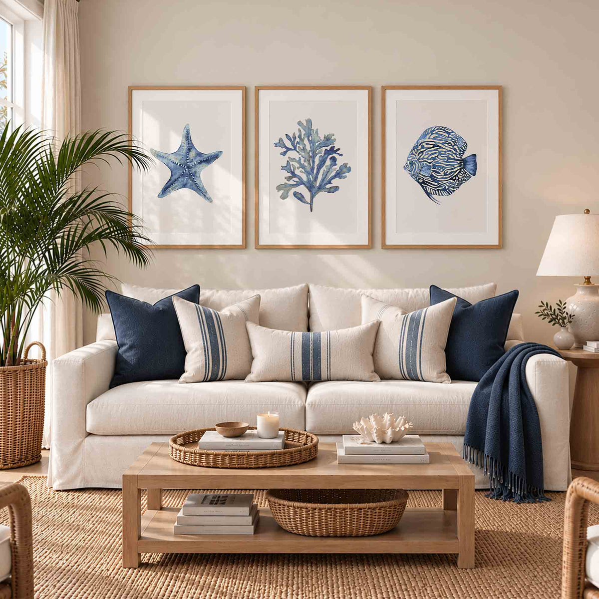 Navy Blue &amp; Beige Coastal Wall Art Set