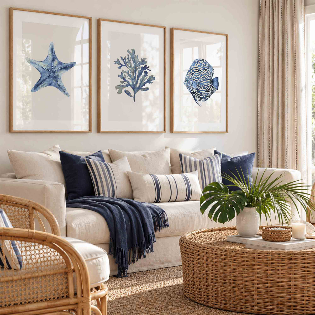 Navy Blue &amp; Beige Coastal Wall Art Set