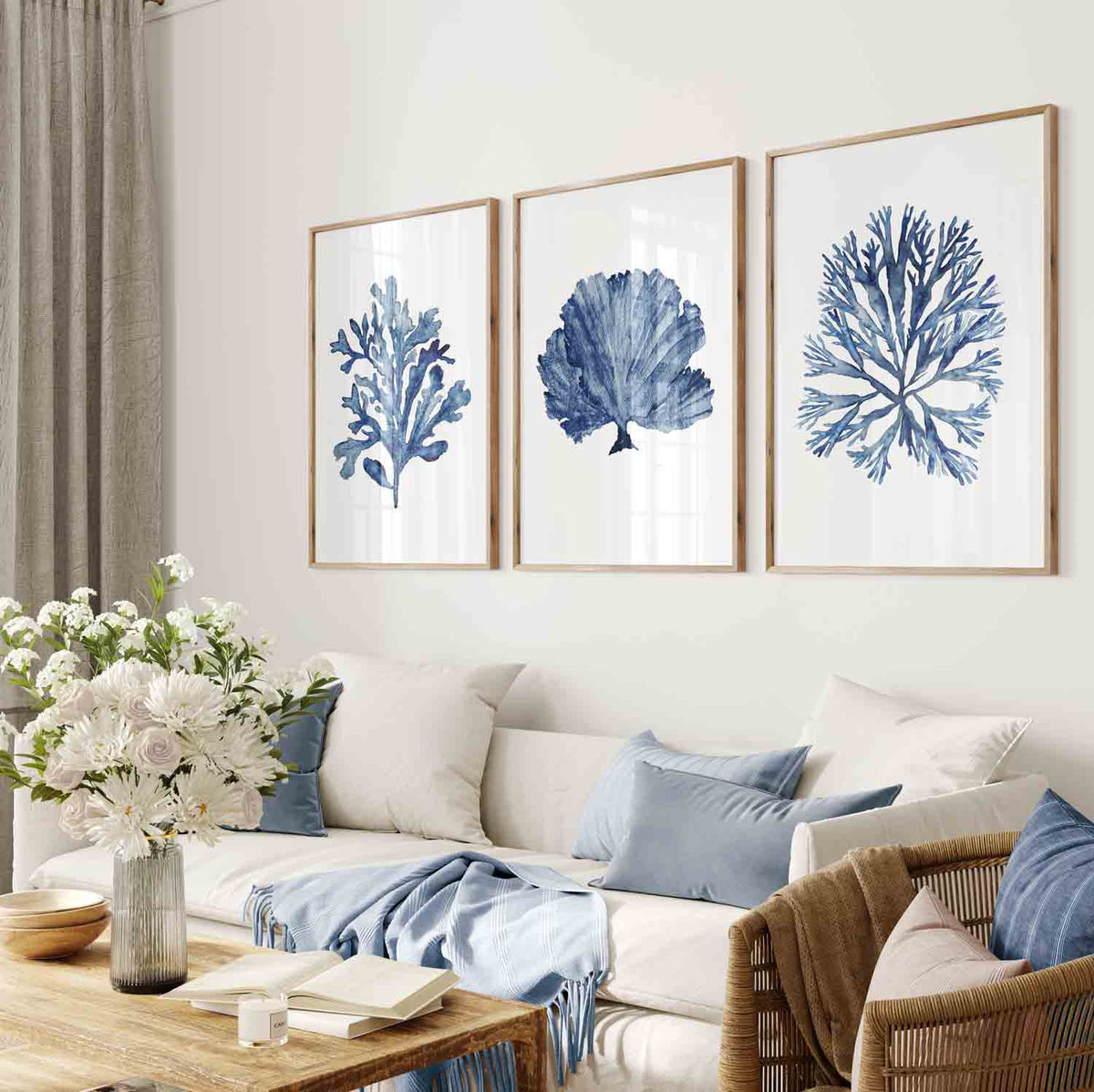 Set of 3 Wall Art Prints - Blue Coral Wall Art Set in Hampton style room - Driftwood Interiors 