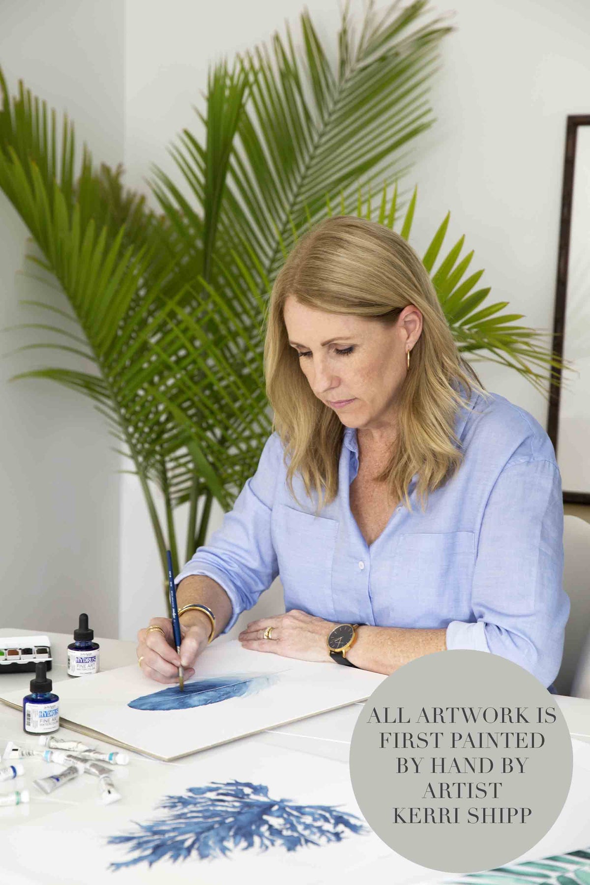 Kerri Shipp artist for Driftwood Interiors Wall Art Prints in studio