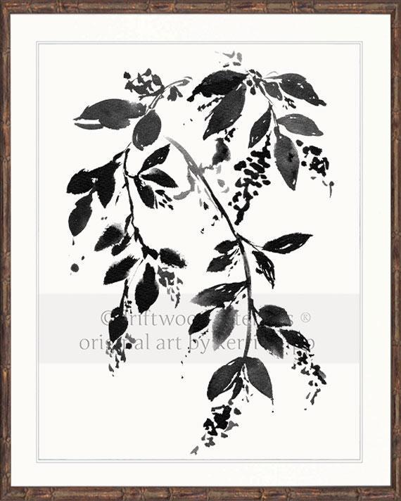 Black and White Art | Monochrome Floral II Wall Art in brown bamboo frame - Driftwood Interiors