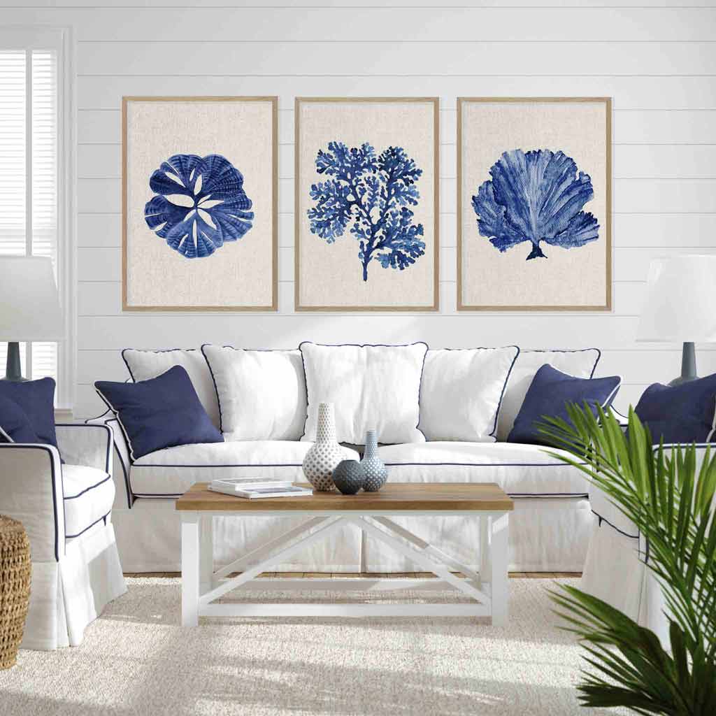 Set of 3 Wall Art Prints | Hamptons Corals on Linen Background