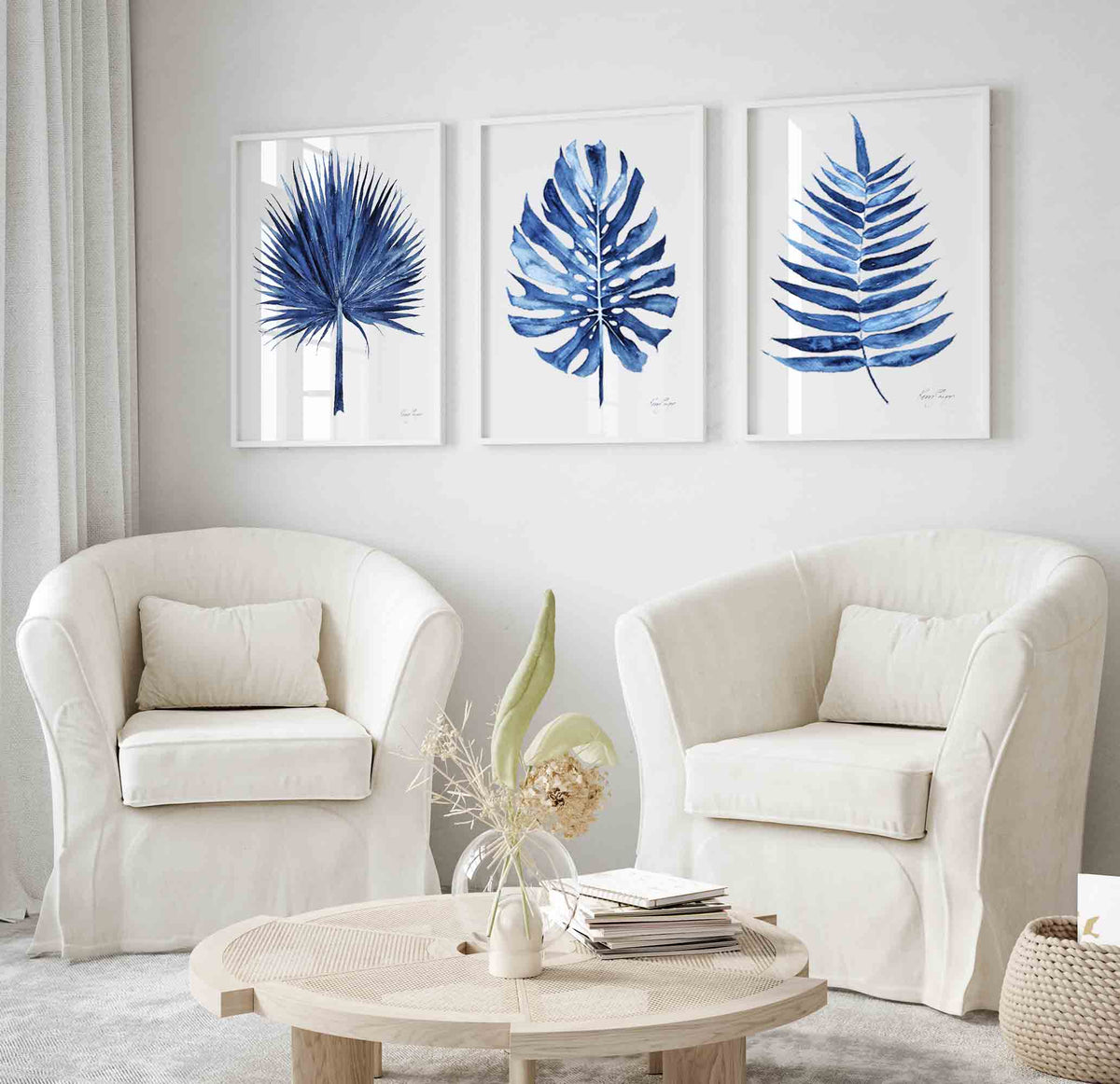 Navy Blue Wall Art Prints Set of 3 Tropical Leaves in Home Ofice- Driftwood Interiors