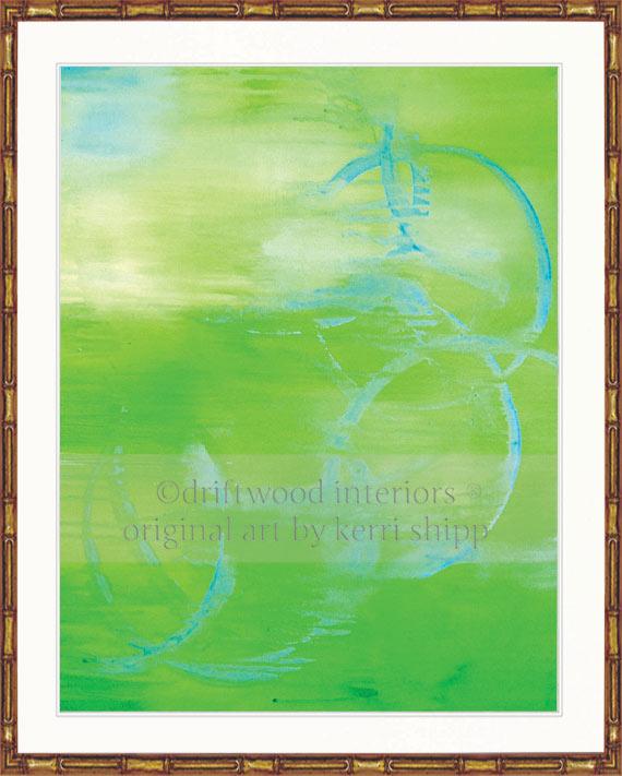 Green Abstract art print in gold bamboo frame - In Motion II by Kerri Shipp - Driftwood Interiors