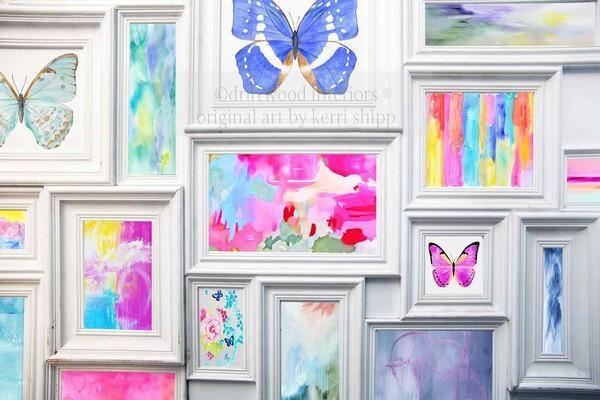 Abstract art and butterfly wall art prints in gallery wall by Kerri Shipp - Driftwood Interiors