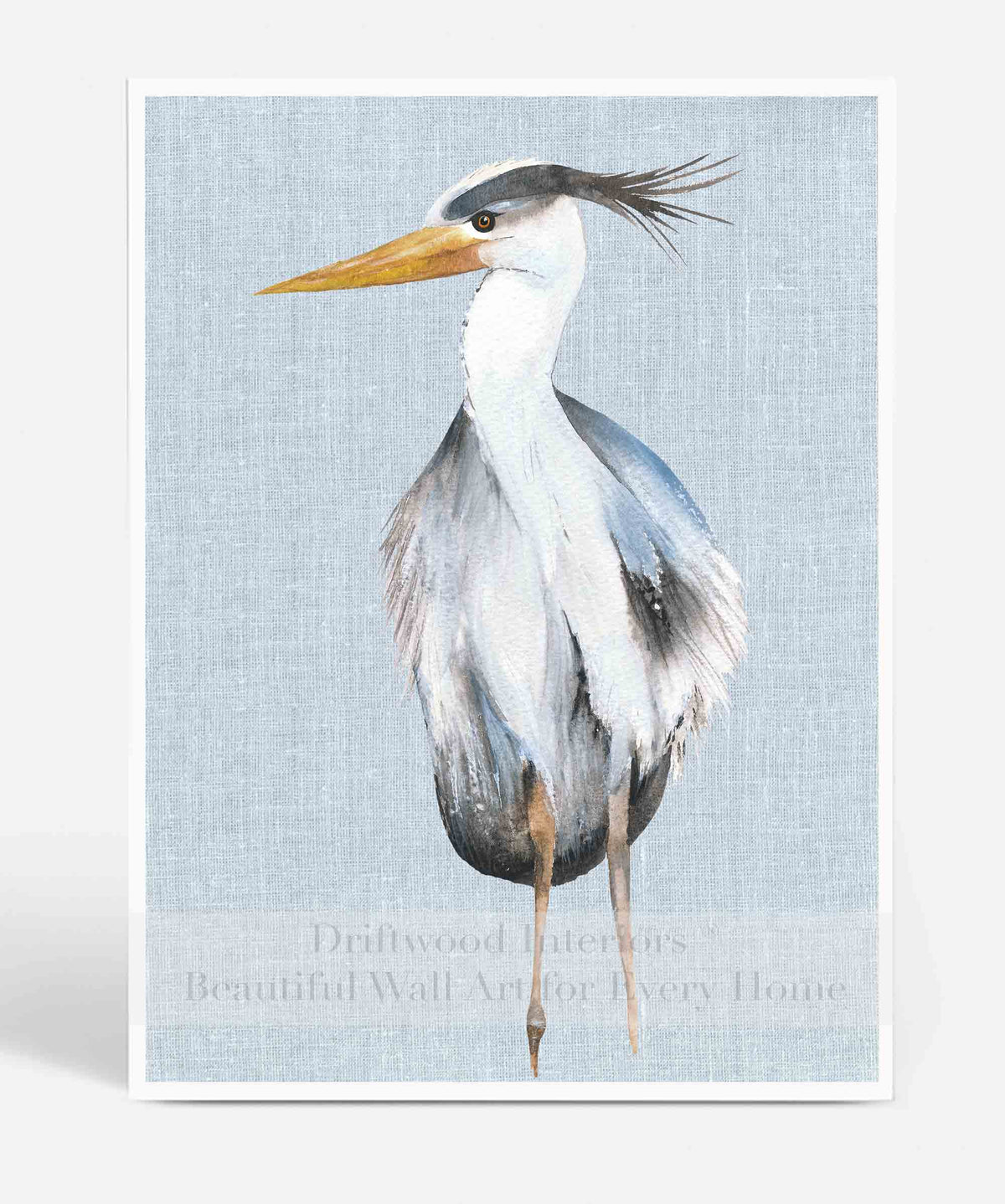 Great Blue Heron II Wall Art Print on Blue Linen Background | Watercolour Bird | Driftwood Interiors