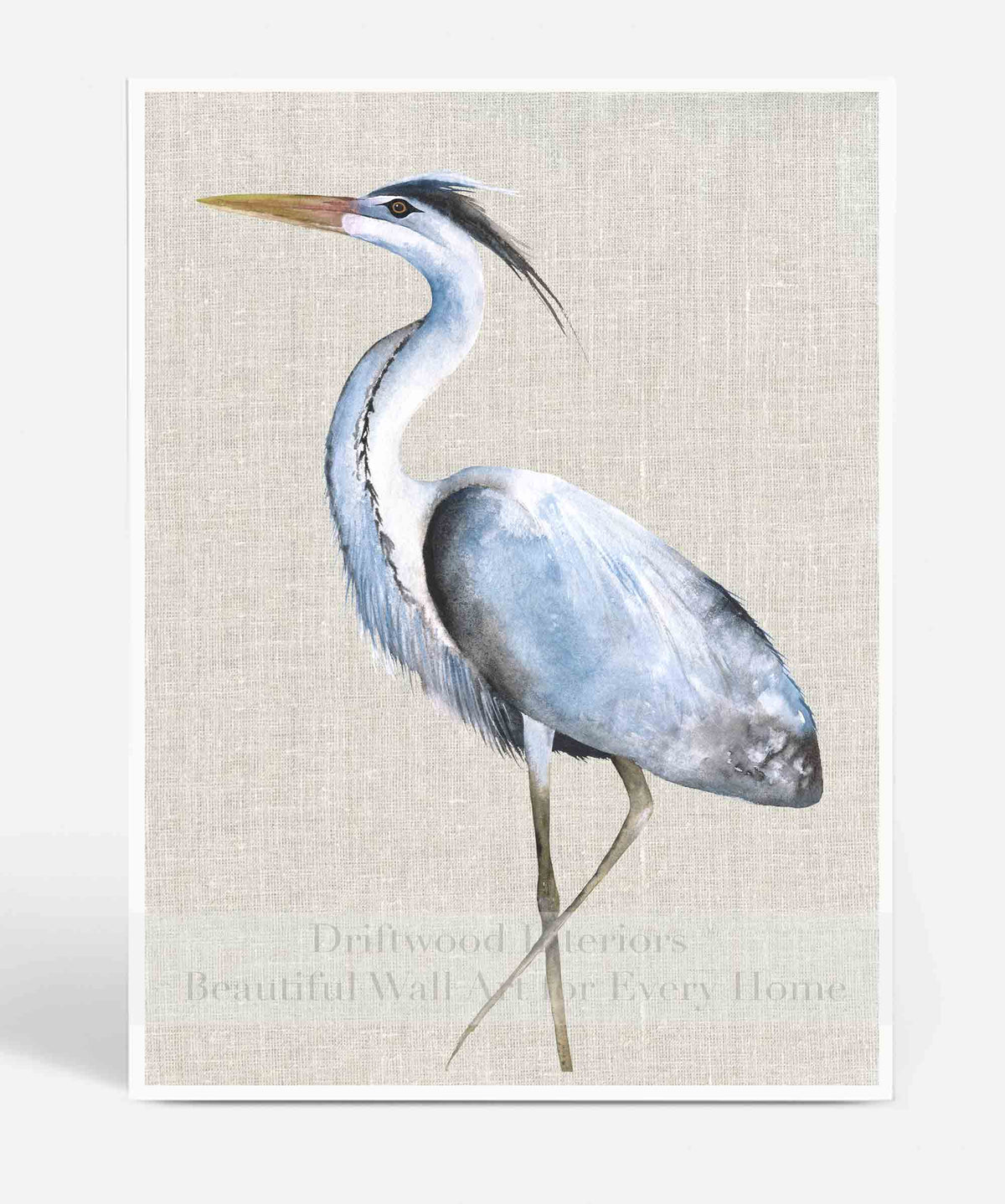 Great Blue Heron III Wall Art Print on Linen Background | Watercolour Bird | Driftwood Interiors