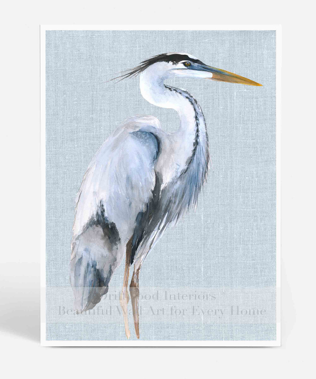 Great Blue Heron Wall Art Print on Blue Linen Background | Watercolour Bird | Driftwood Interiors