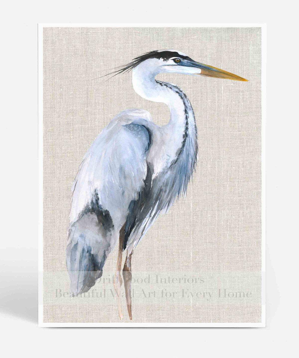 Great Blue Heron Wall Art Print on Linen Background | Watercolour Bird | Driftwood Interiors