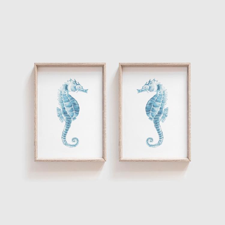 Wall Art Set of 2 - Blue Seahorse Wall Art prints in living room in oak frames Driftwood Interiors