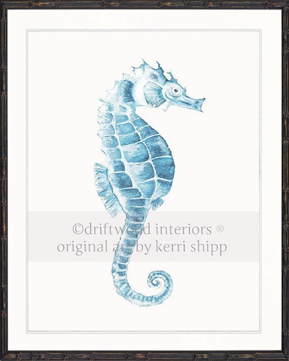 Blue Seahorse Wall Art Print in black Bamboo Frame by Kerri Shipp Driftwood Interiors