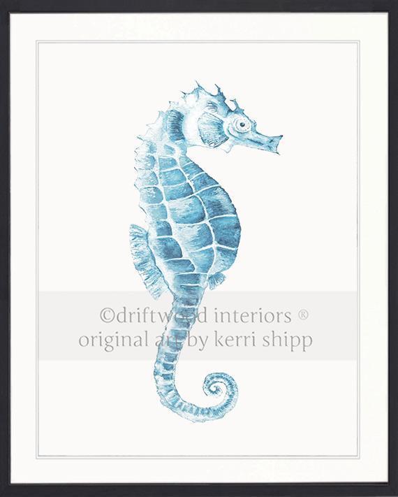 Blue Seahorse Wall Art Print in black timber Frame by Kerri Shipp Driftwood Interiors