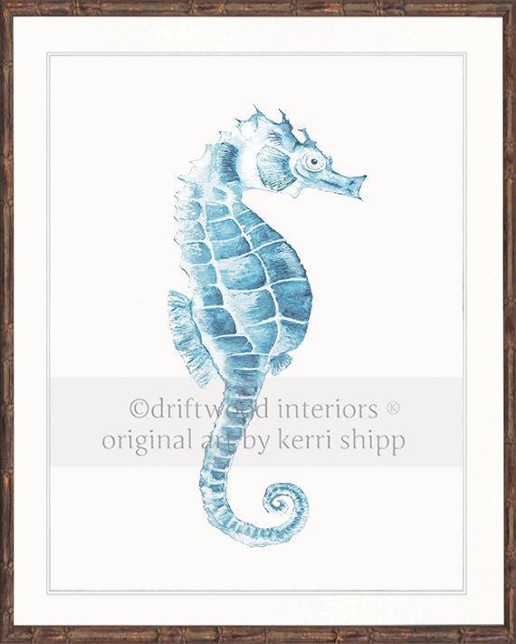 Blue Seahorse Wall Art Print in brown Bamboo Frame by Kerri Shipp Driftwood Interiors
