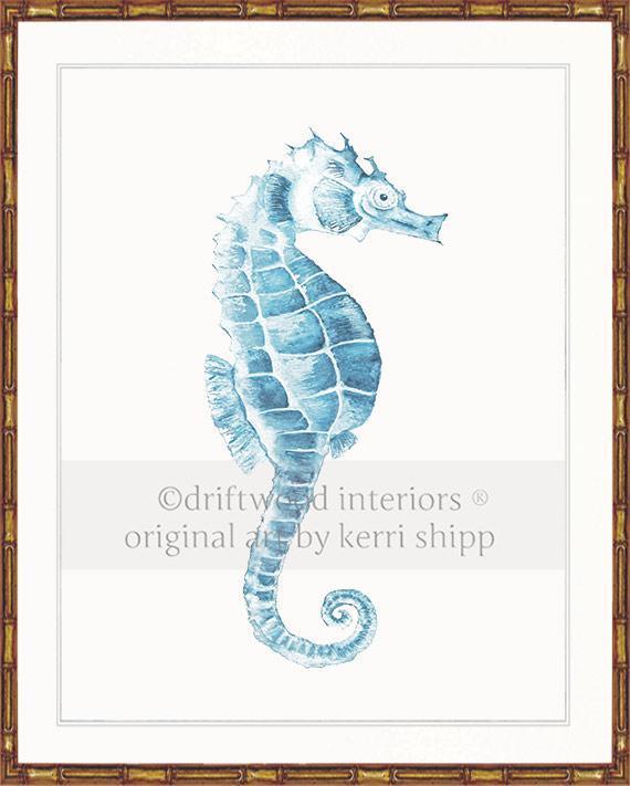 Blue Seahorse Wall Art Print in gold Bamboo Frame by Kerri Shipp Driftwood Interiors