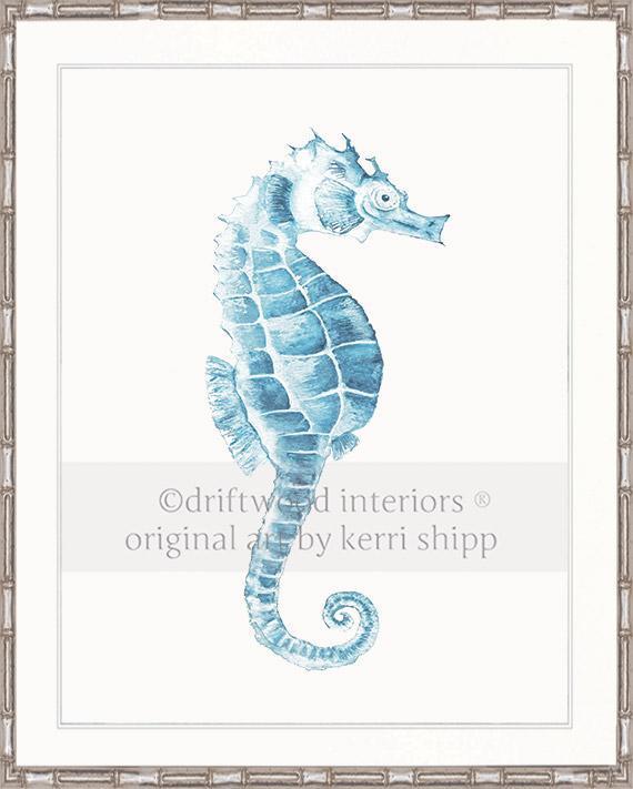 Blue Seahorse Wall Art Print in Silver Bamboo Frame by Kerri Shipp Driftwood Interiors