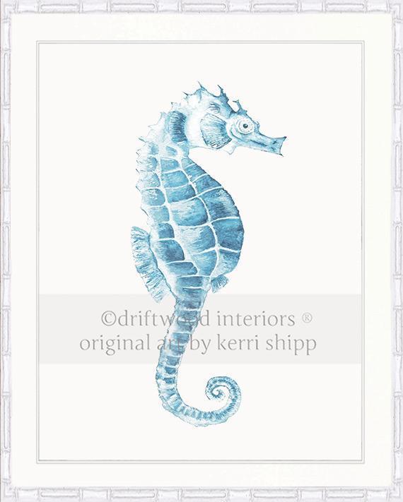 Blue Seahorse Wall Art Print in white Bamboo Frame by Kerri Shipp Driftwood Interiors