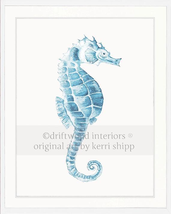 Blue Seahorse Wall Art Print in white timber Frame by Kerri Shipp Driftwood Interiors