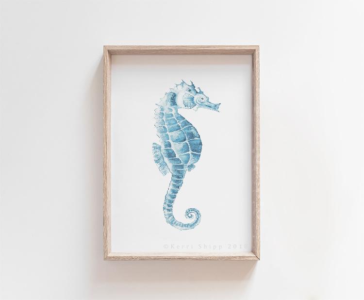 Blue Seahorse Wall Art Print in oak Frame by Kerri Shipp Driftwood Interiors