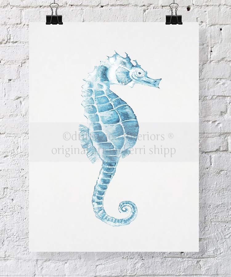 Blue Seahorse Wall Art Print by Kerri Shipp Driftwood Interiors
