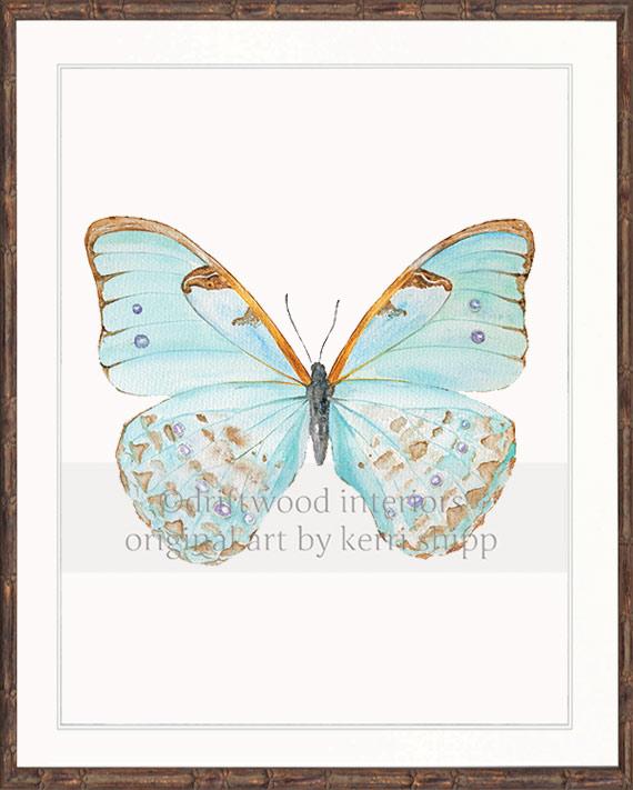 Butterfly Art in Celadon Blue in brown bamboo frame - Driftwood Interiors