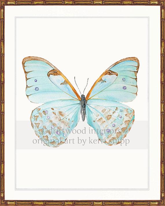 Butterfly Art in Celadon Blue in gold bamboo frame - Driftwood Interiors