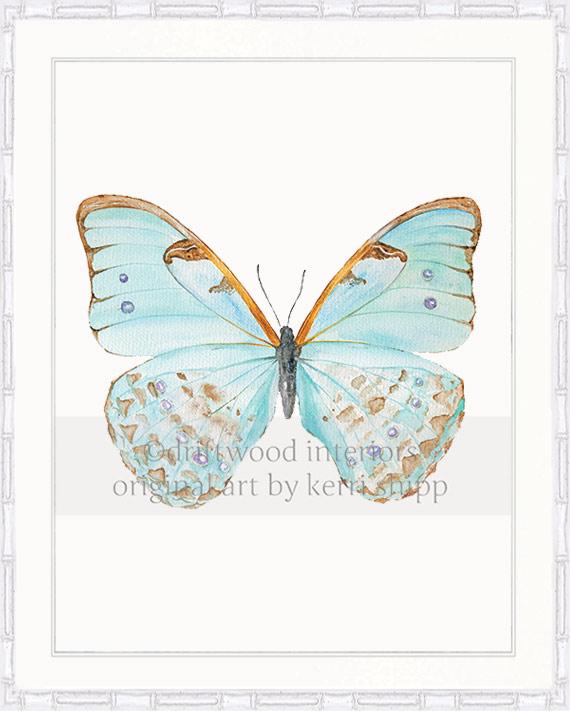 Butterfly Art in Celadon Blue in white bamboo frame - Driftwood Interiors