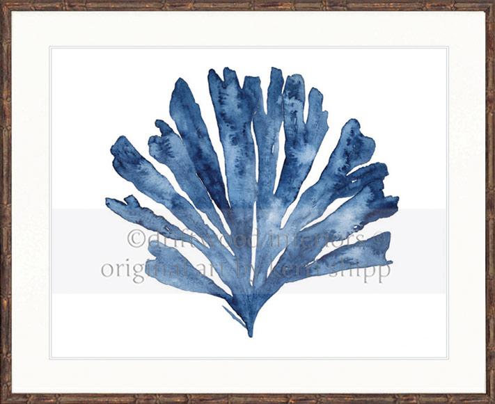 Designer Boys Art - Oceanic Coral II in Indigo Blue in brown bamboo frame - Driftwood Interiors 