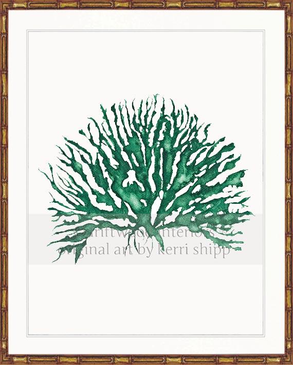 Wall Art Print - Sea Coral IV in Emerald Green in gold bamboo frame - Driftwood Interiors