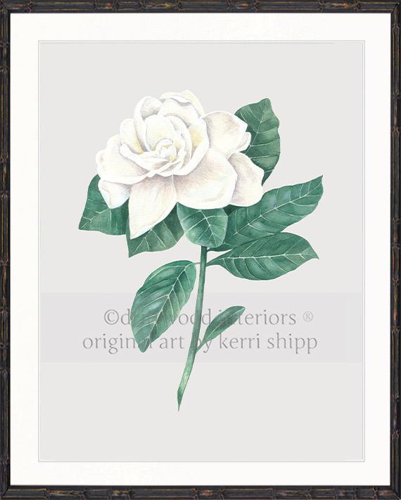 Wall art print - Gardenia Flower Print antique background in brown Bamboo Frame Driftwood Interiors