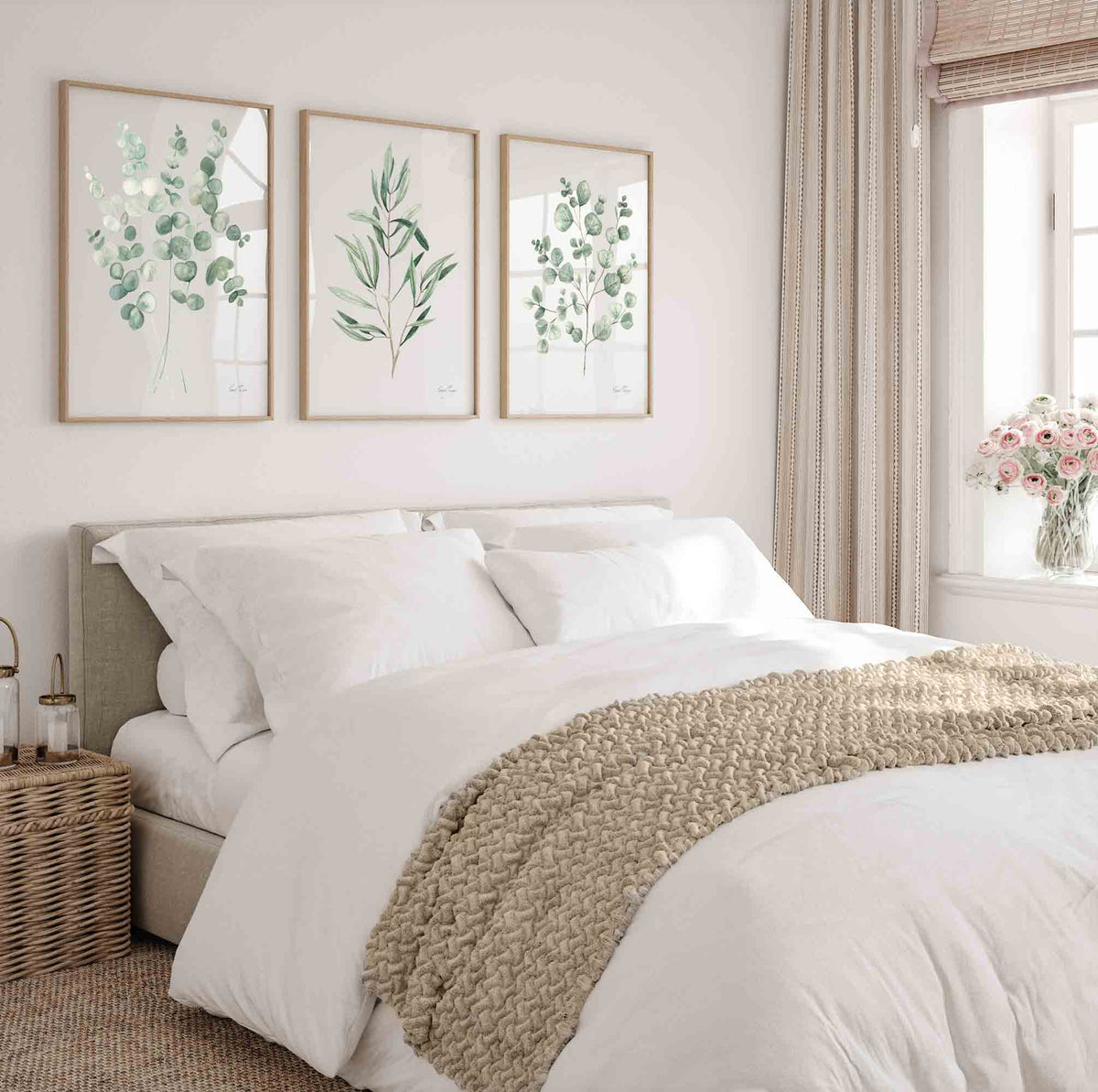 Eucalyptus Bundle &amp; Olive Branch Wall Art Print Set in Hamptons Bedroom | Driftwood Interiors