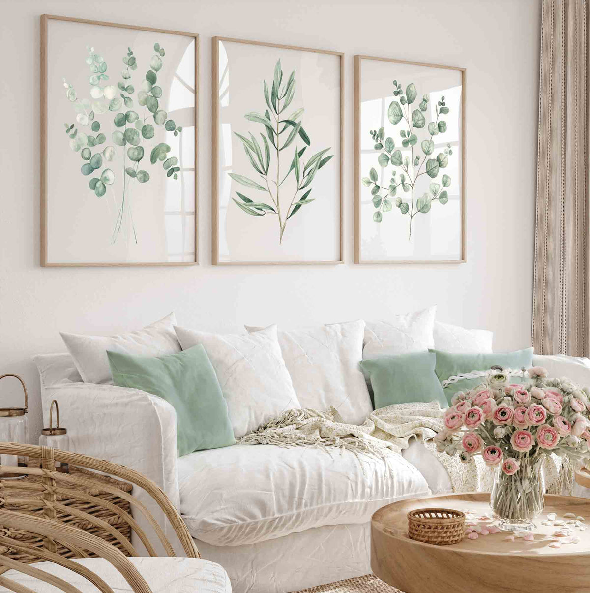 Eucalyptus Bundle &amp; Olive Branch Wall Art Print Set in Living Room | Driftwood Interiors