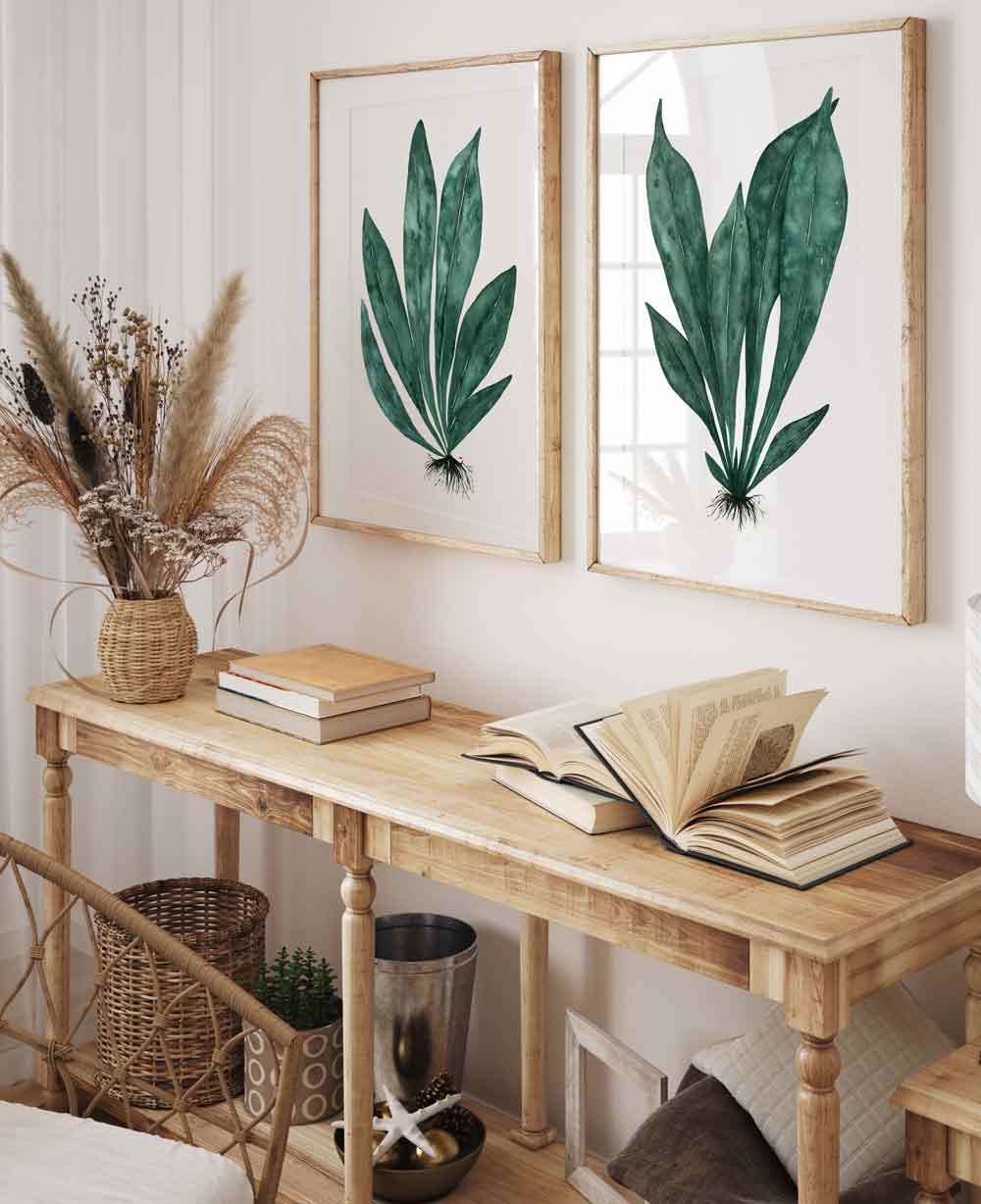 Wall art print of green tropical leaves in oak frame Driftwood Interiors