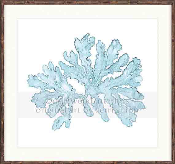 Designer Boys Art - Pale Blue Coral I Wall Art Print by Kerri Shipp in Brown Bamboo Frame