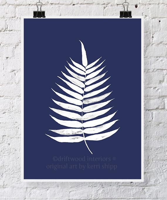 White Palm Leaf Print on Denim Background - Driftwood Interiors