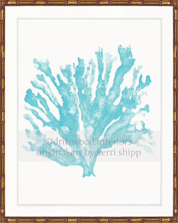 Coral Wall Art - Turquoise Sea Coral Print in gold bamboo frame by Driftwood Interiors