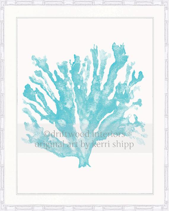 Coral Wall Art - Turquoise Sea Coral Print in white bamboo frame by Driftwood Interiors