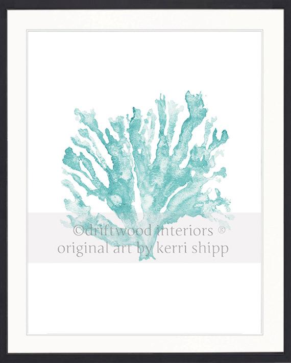 Coral Wall Art Print - Sea Coral In Woodlawn Green in black frame - Driftwood Interiors