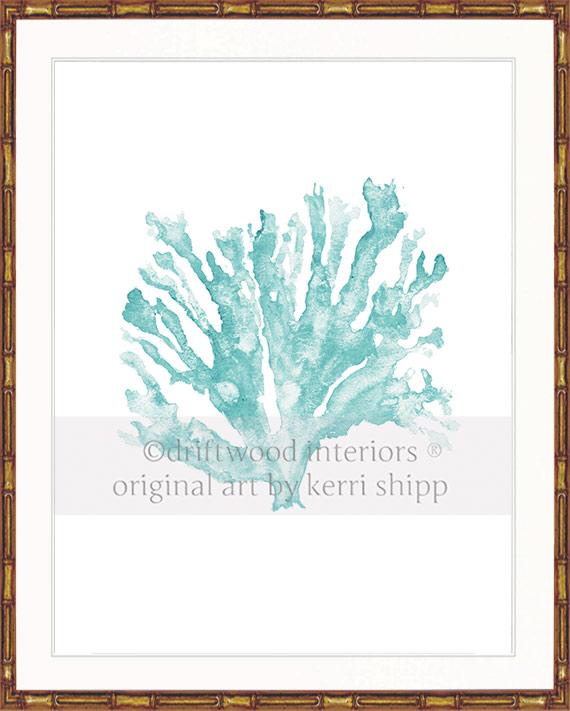 Coral Wall Art Print - Sea Coral In Woodlawn Green in gold bamboo frame - Driftwood Interiors