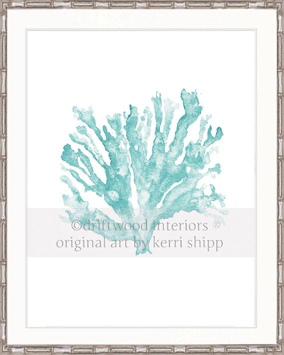 Coral Wall Art Print - Sea Coral In Woodlawn Green in silver bamboo frame - Driftwood Interiors