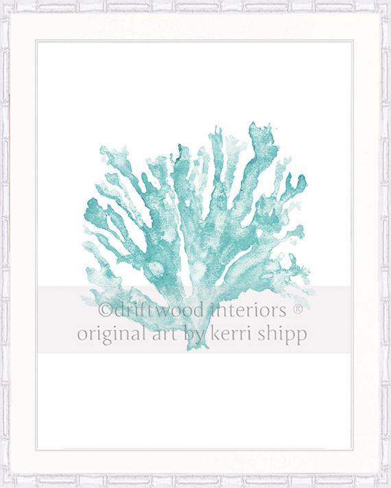 Coral Wall Art Print - Sea Coral In Woodlawn Green in white bamboo frame - Driftwood Interiors