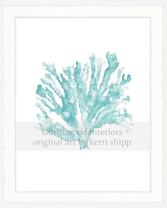 Coral Wall Art Print - Sea Coral In Woodlawn Green in white timber frame - Driftwood Interiors