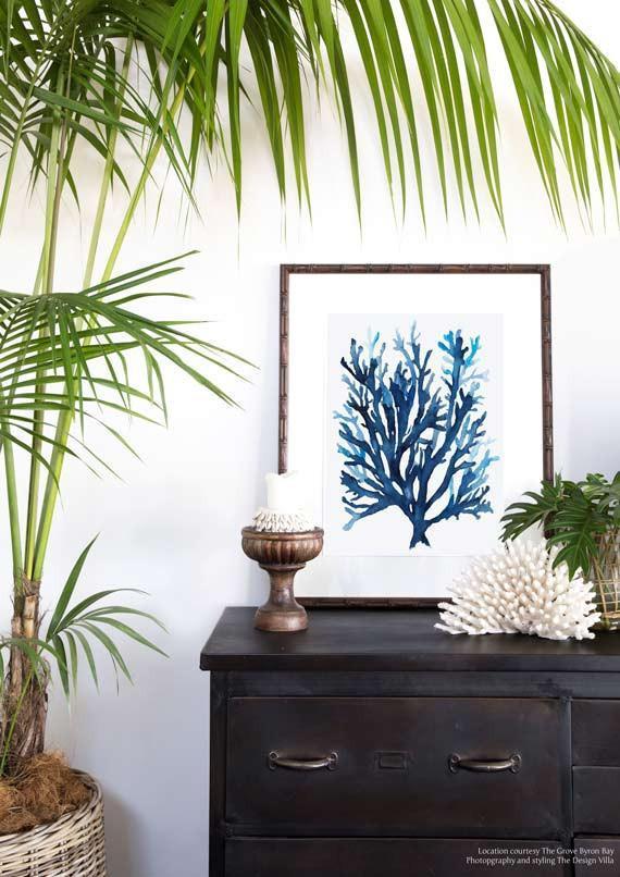 Wall Art Living Room - Indigo Blue Seaweed I Print in coastal bobo living room - Driftwood Interiors